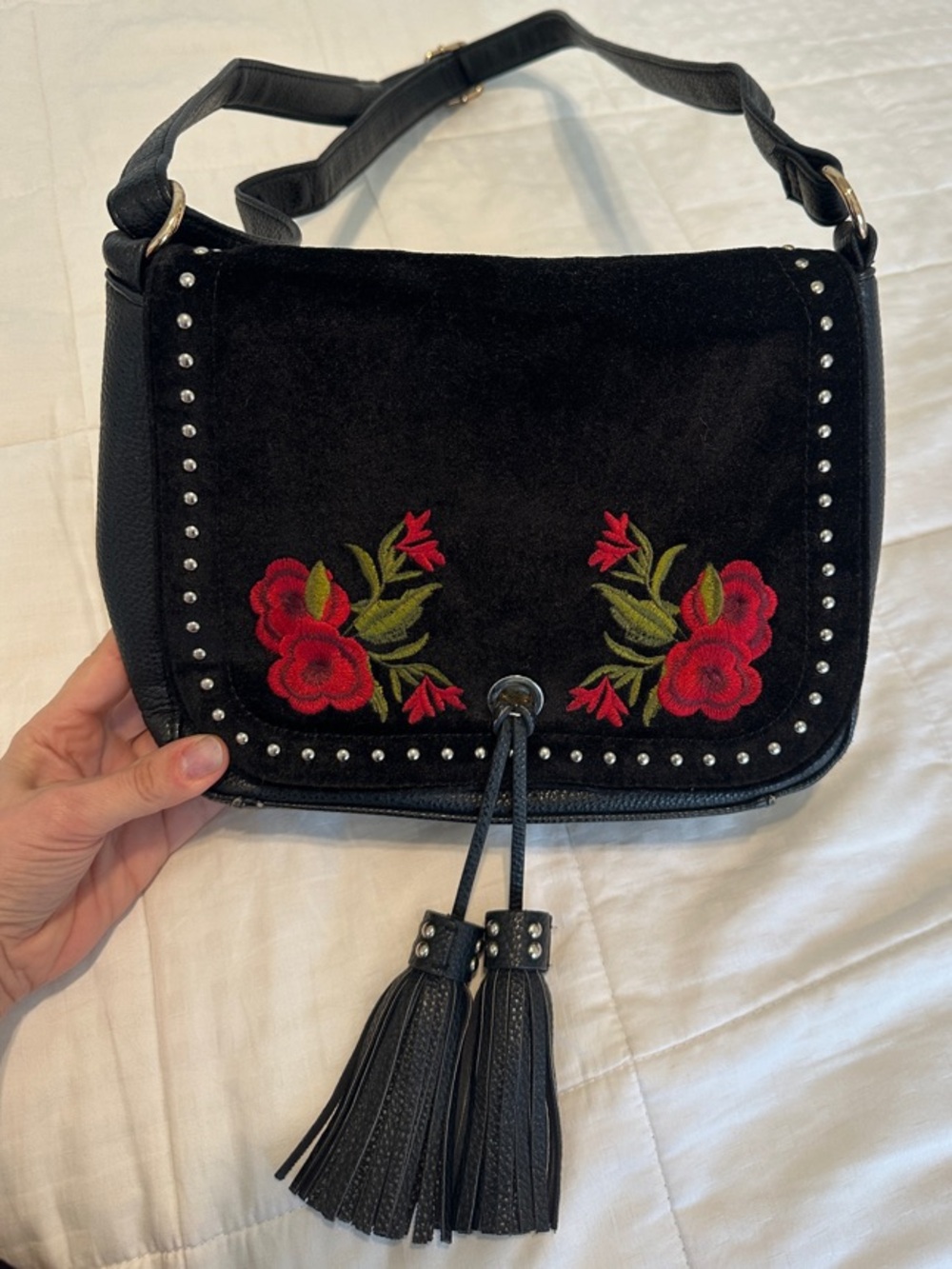 Black Crossbody Bag with Red Floral Embroidery and Tassel Detail